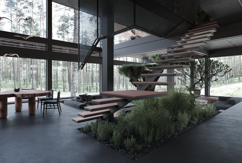 Steel glass house in the forest - Interior Design Ideas