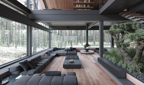 Steel glass house in the forest