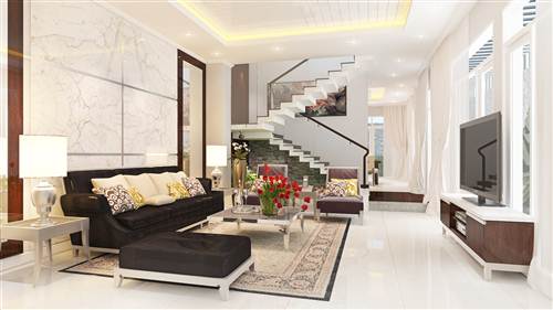Không gian phòng khách với tông màu trắng làm chủ đạo tạo cảm giác rộng rãi, thông thoáng. Bộ sofa đen và xám bạc làm điểm nhấn cho không gian hiện đại