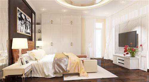 Không gian phòng ngủ của vợ chồng có tông màu trung tính hài hòa với tổng thể chung của ngôi nhà. Vật dụng nội thất giản dị mà hiện đại.