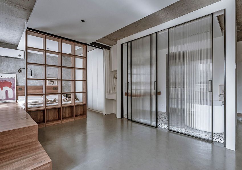 Placing an open cupboard as a unit, just pull the curtain into a separate area